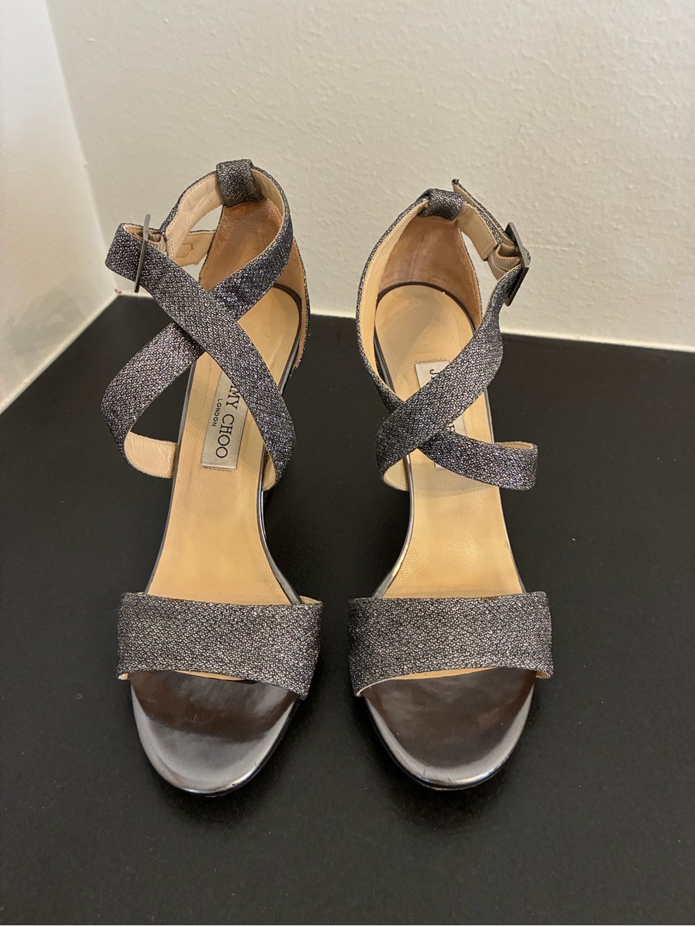 Jimmy Choo Metallic Charcoal Glitter Crisscross Ankle Strap Heels